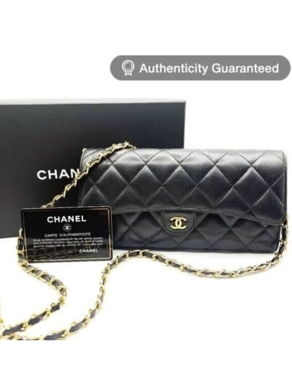 Chanel Lambskin Quilted Leather Wallet Chain Flap Black Purse Tote Bag
